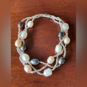 Multi-Strand Multi Coloured Pearl and Glass Bead Magnetic Bracelet 7.5 inches